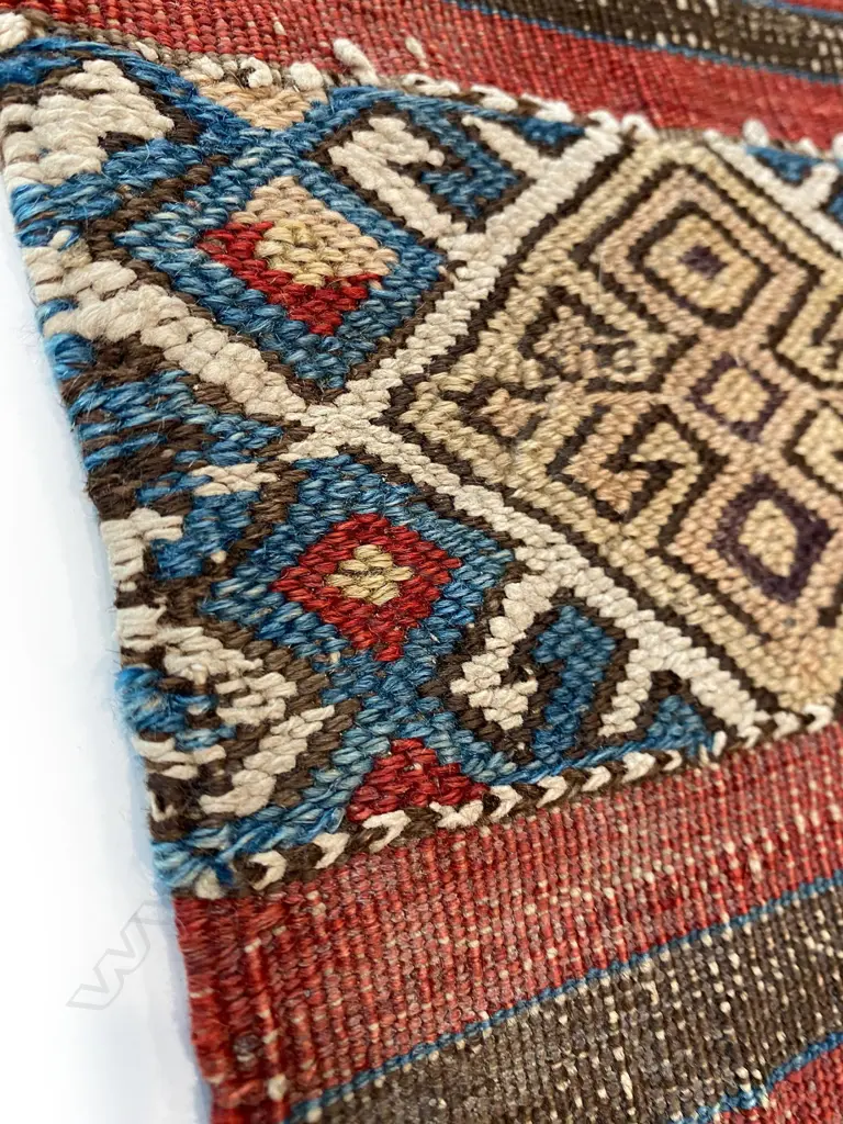 Bag face – wool, - flatweave - S E Anatolia - horizontal bands - hooked lozenge pattern. Some wear and damage commenserate with age. 151 x 92.5cm Image 1++